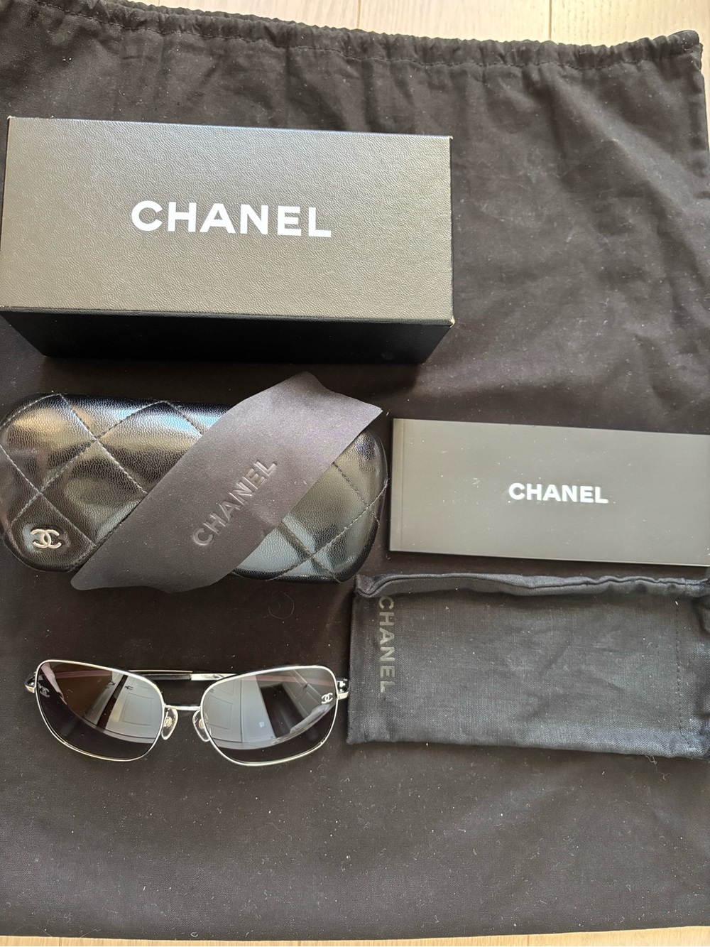 100% Authentic CHANEL square CC Sunglasses silver tone Metal Frame Grey Tint